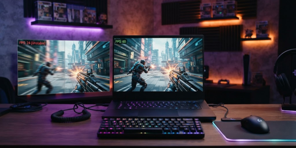 Gaming laptop running a game at a stable 60 FPS