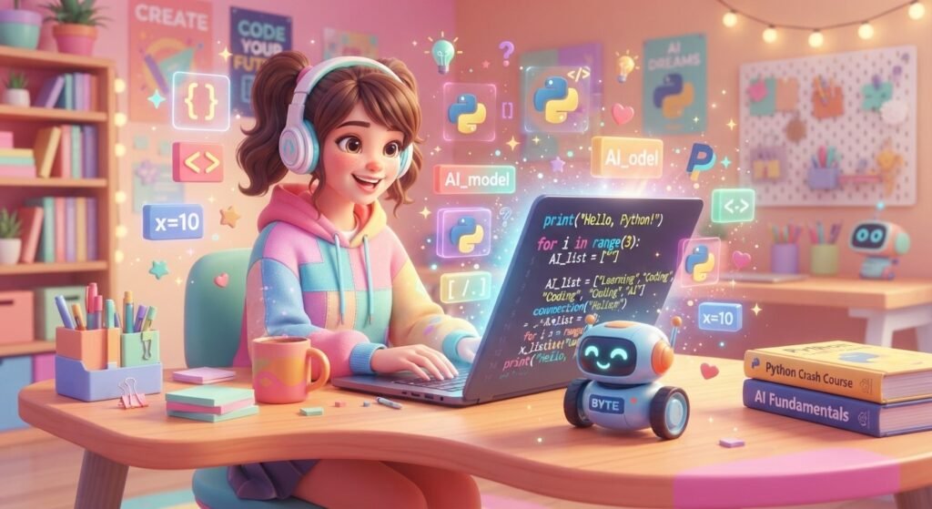 Teenager learning Python programming as a first step toward AI