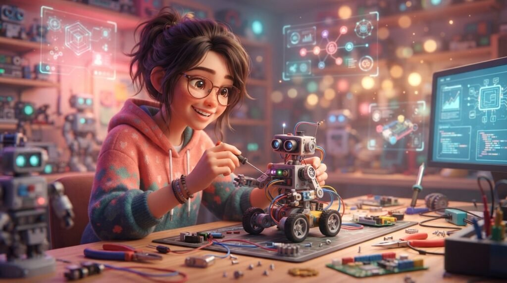 Teen student learning robotics by building a small robot