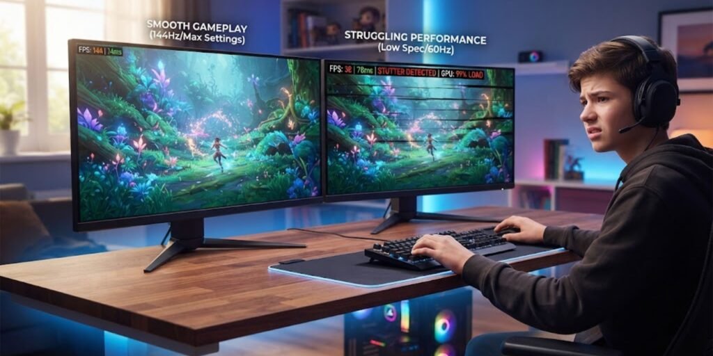 Gamer checking low FPS and game performance