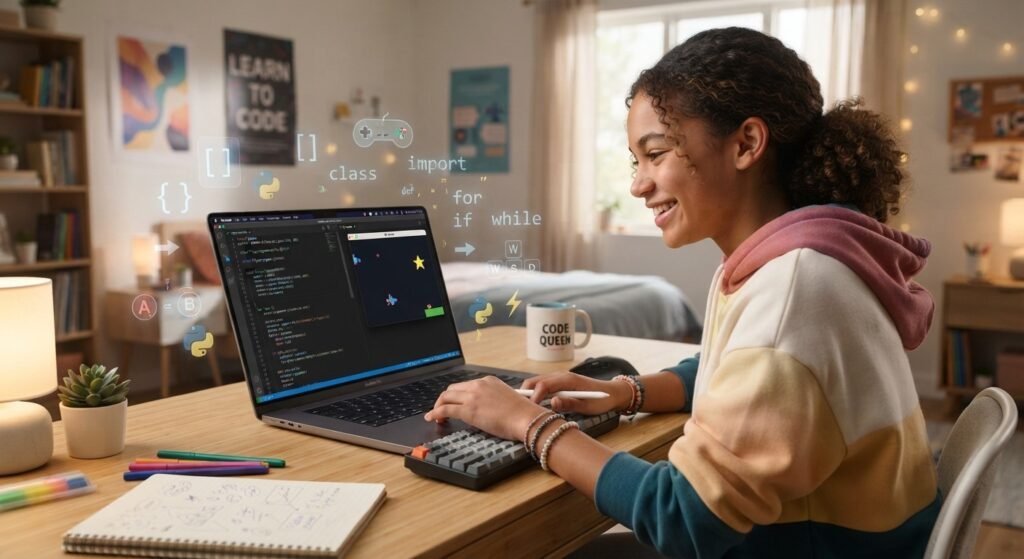 Teen learning how to make a game in Python on a laptop