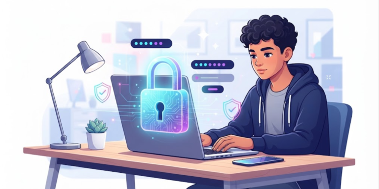 Teen student protecting an online account with a secure password