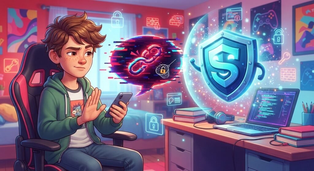 Teen avoiding a suspicious phishing message on a smartphone