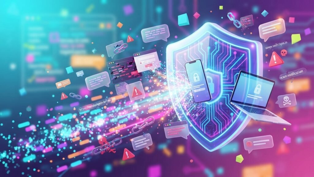Digital shield blocking scam messages and dangerous links from devices