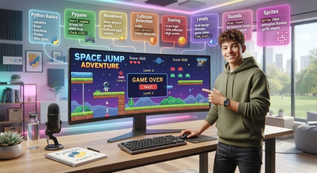 Teen improving a Python game with levels, score, and game features