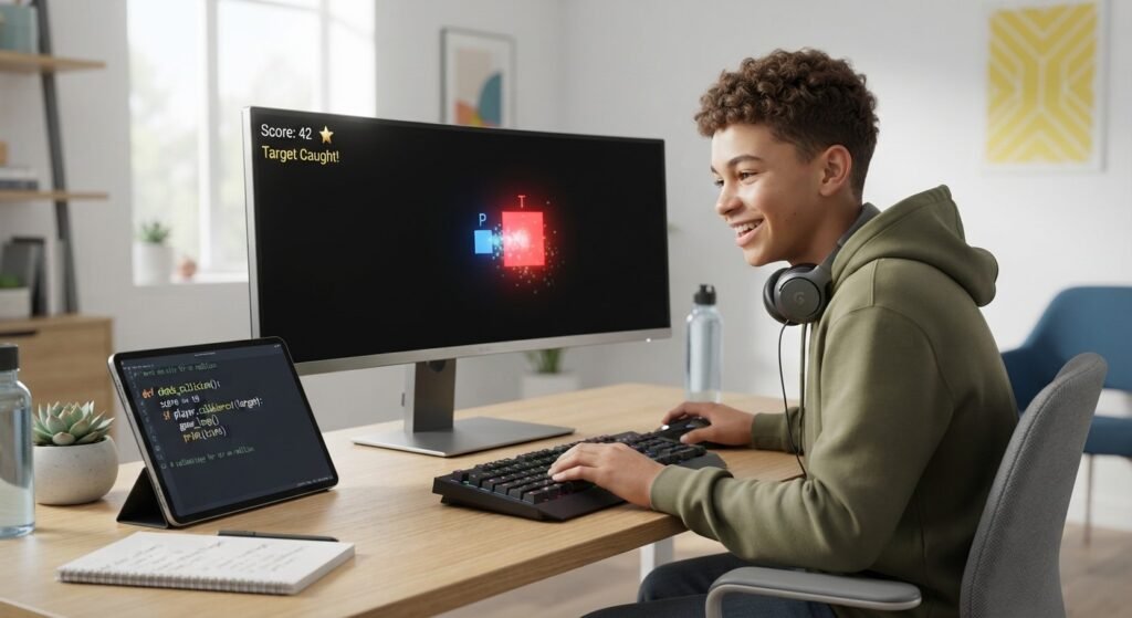 Teen testing a Python game with a target and score