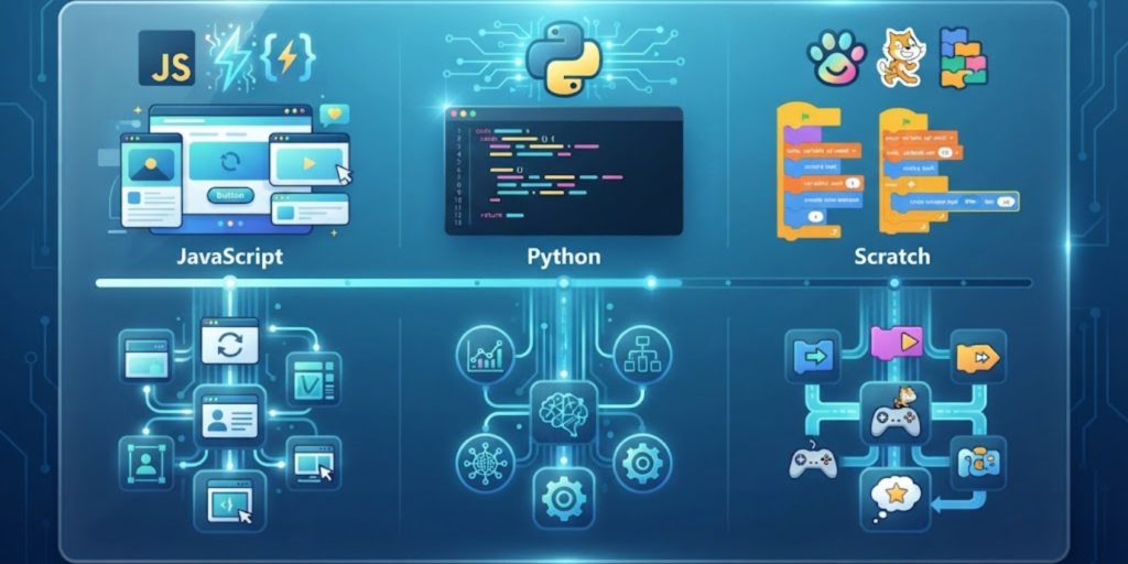 Python JavaScript and Scratch programming languages for beginners