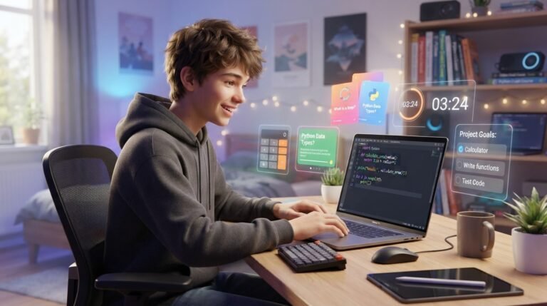 Teen beginner learning Python by building a simple project on a laptop