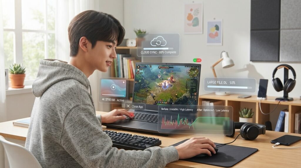 een gamer stopping background downloads to improve online gaming connection
