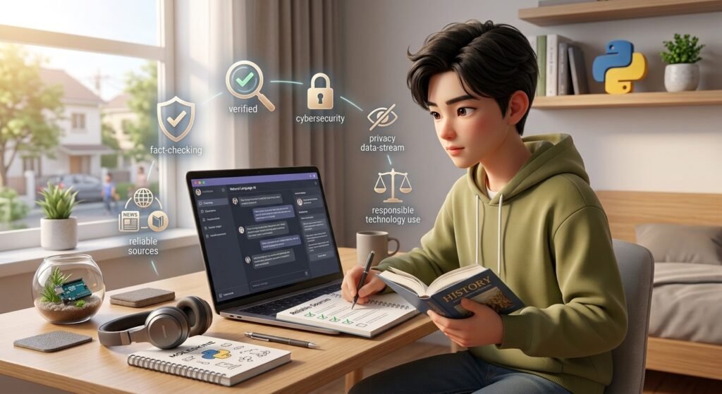 Teen using AI responsibly while studying online