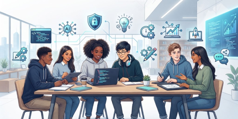Teenagers learning useful technology and digital skills