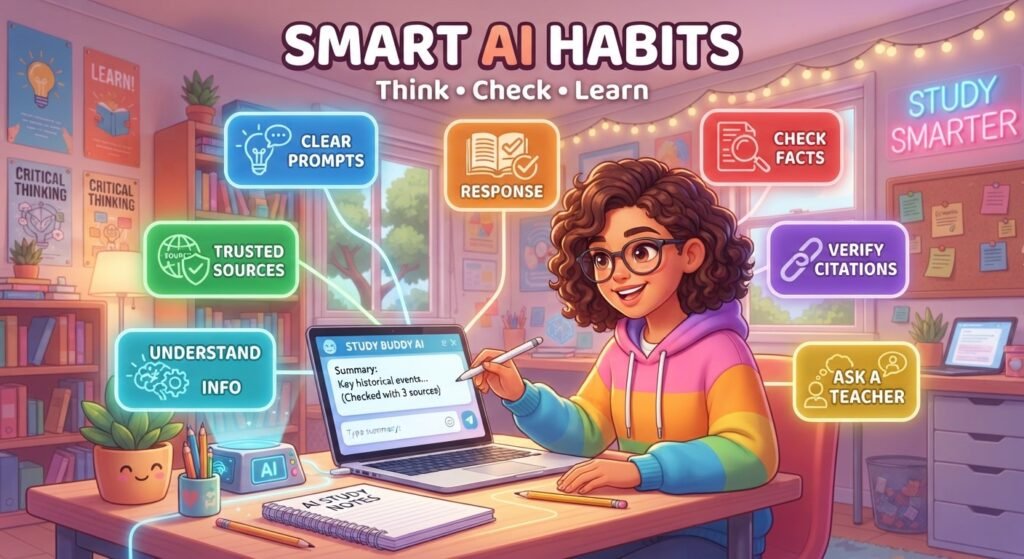 Teen student using AI responsibly with smart learning habits