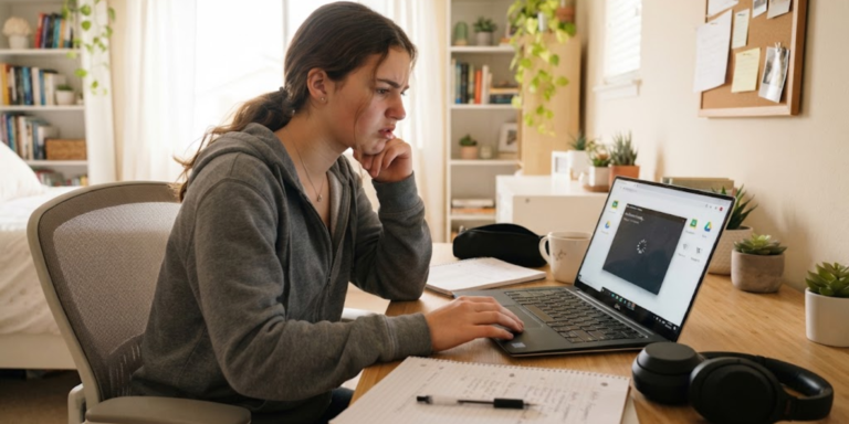 Teenager using a slow laptop and looking for ways to speed up laptop performance