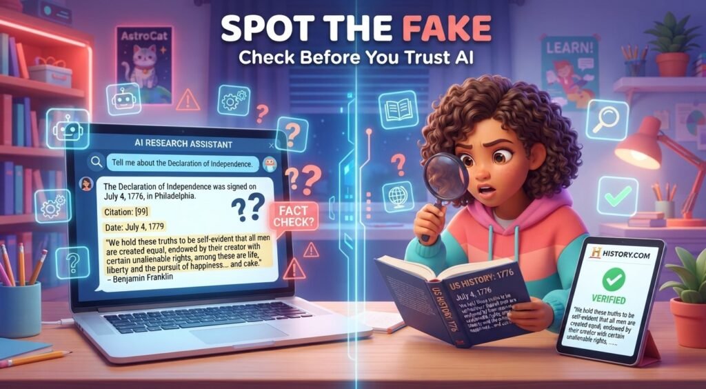 Student checking an AI response for fake information and citations