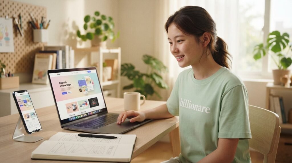 Teen girl building a personal web design project
