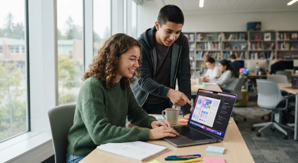 Two teenage students collaborating on a web development project