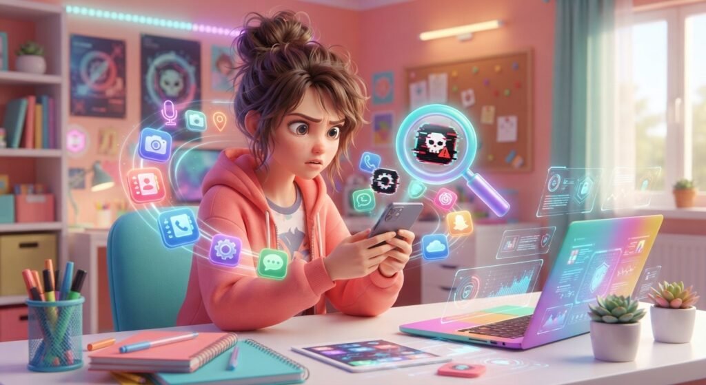 Teen reviewing suspicious apps and phone permissions