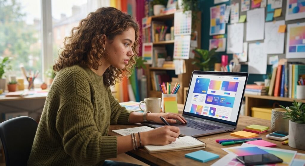 Teenage girl learning HTML and CSS while building a website