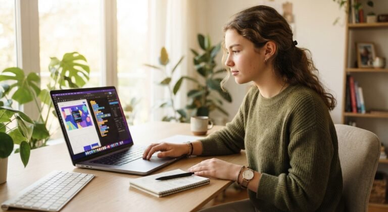 Teenage student learning web development on a laptop