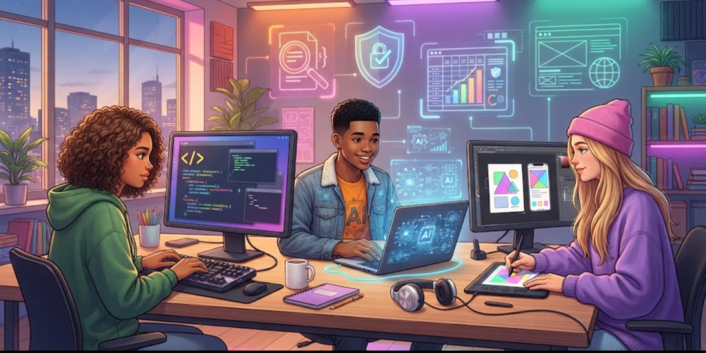 Teens learning technology skills through coding and digital projects