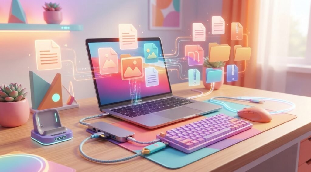 USB-C hub and flash drive connected to a laptop