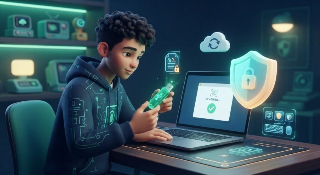 Teenager safely using a USB device with cybersecurity protection