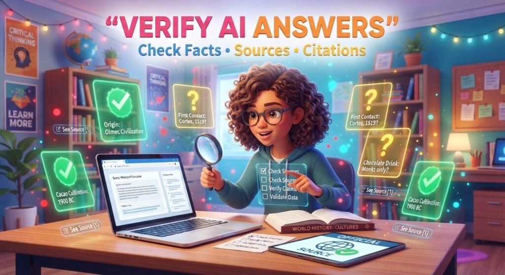 Student verifying AI answers using facts sources and citations
