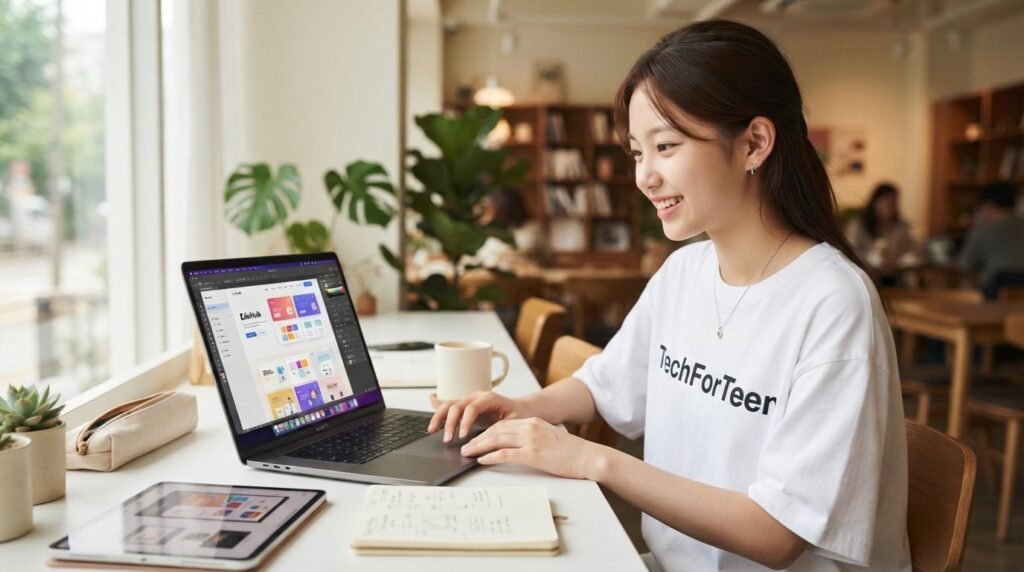 Teen girl learning web design on a laptop