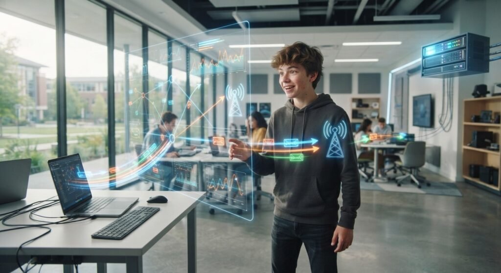 Teen learning how internet ping works in a modern technology lab