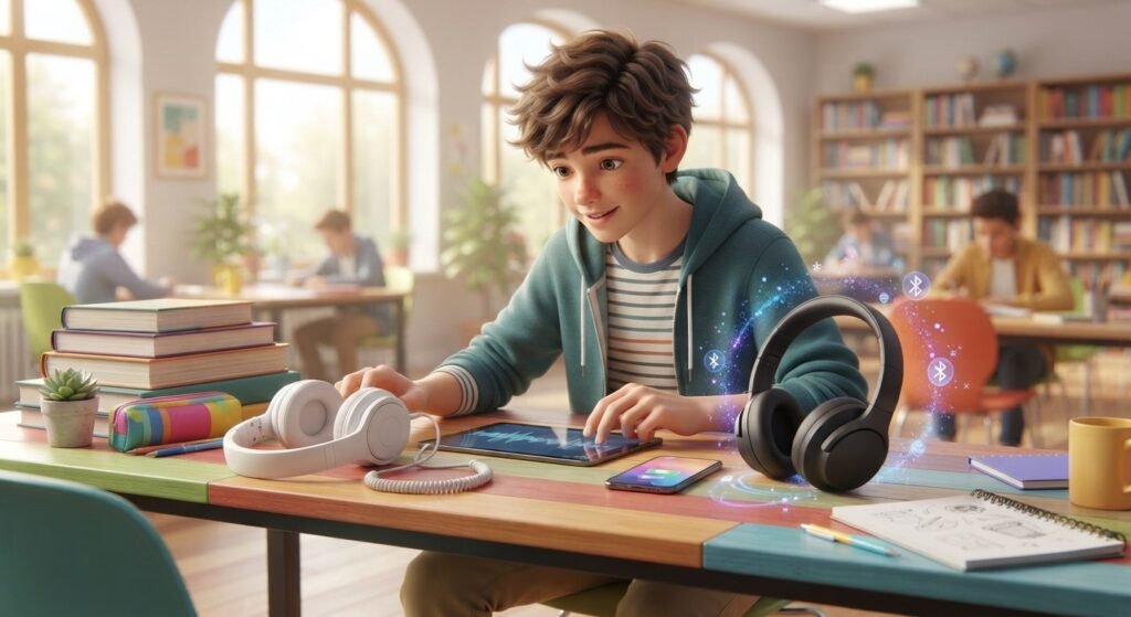 Teen comparing wired and wireless headphones with a tablet and smartphone