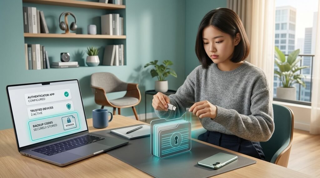 Teen safely managing backup codes for account recovery