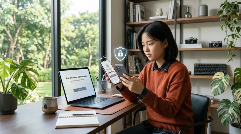 Student checking a 2FA verification code on a smartphone