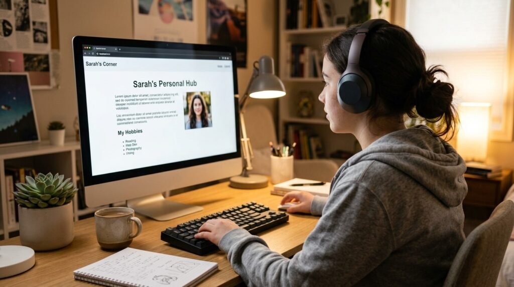 Student testing a first HTML webpage in a web browser