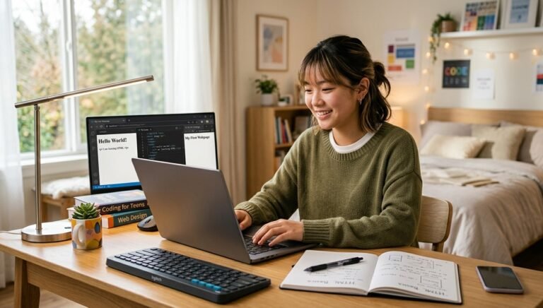 Student working on easy HTML projects on a laptop
