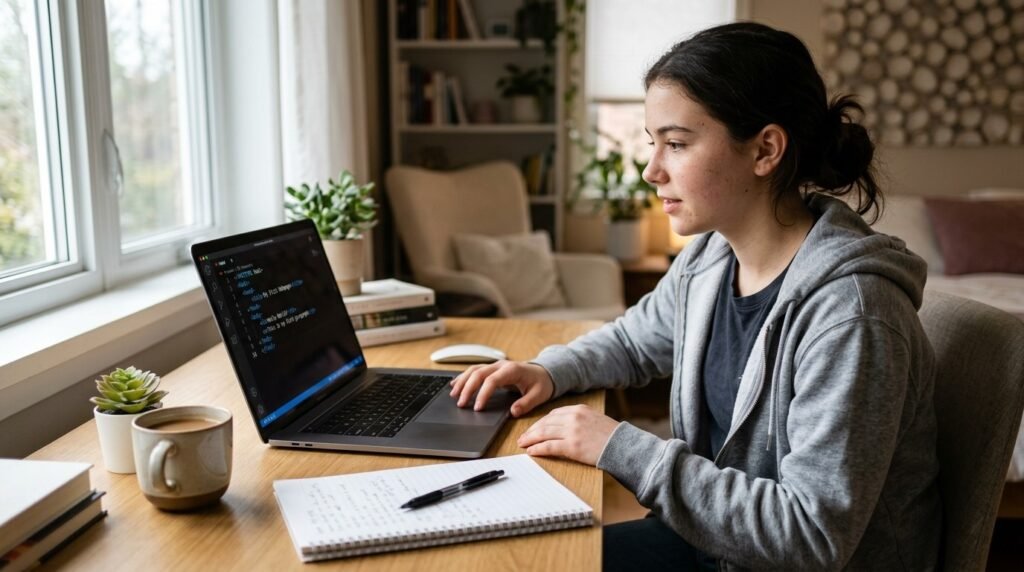 Teen beginner creating a first HTML project on a laptop