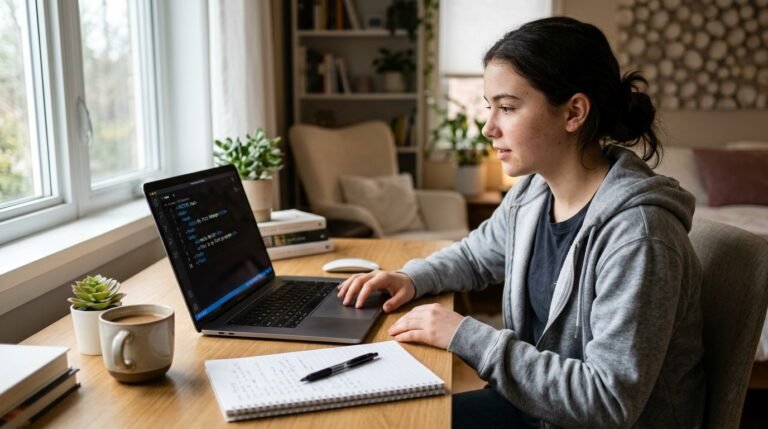 Teen beginner creating a first HTML project on a laptop