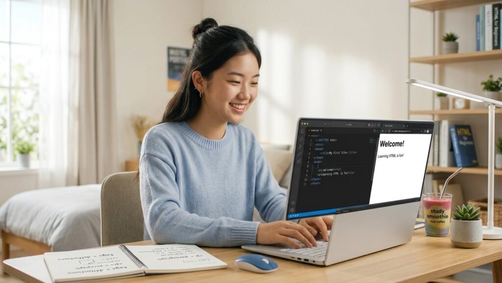 Student learning how to start an HTML project