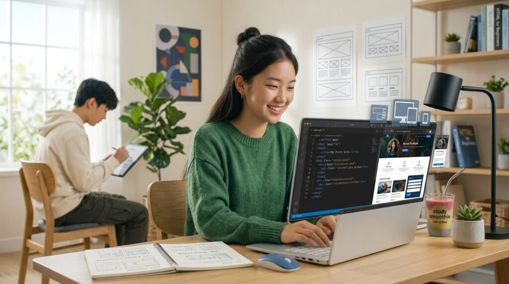 Student learning HTML CSS and JavaScript for web development