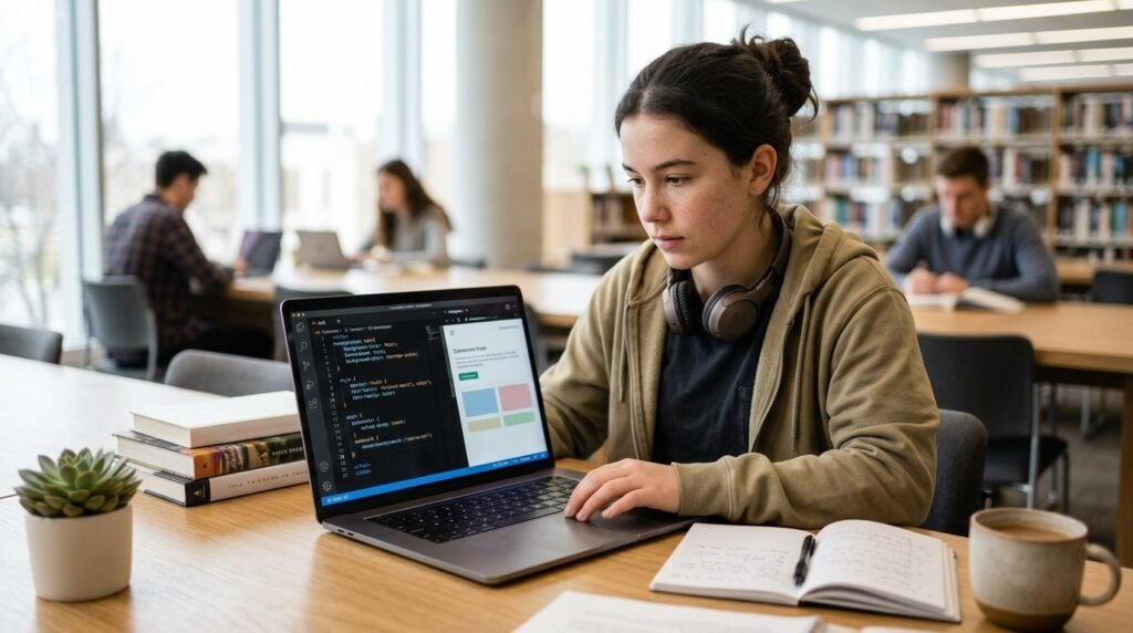 Teen learning HTML and CSS while improving a webpage design
