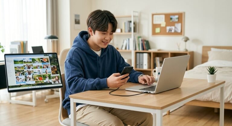 Teen transferring photos from a smartphone to a laptop