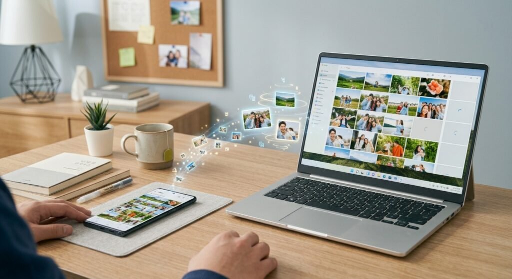 Wireless photo transfer from phone to laptop using cloud storage